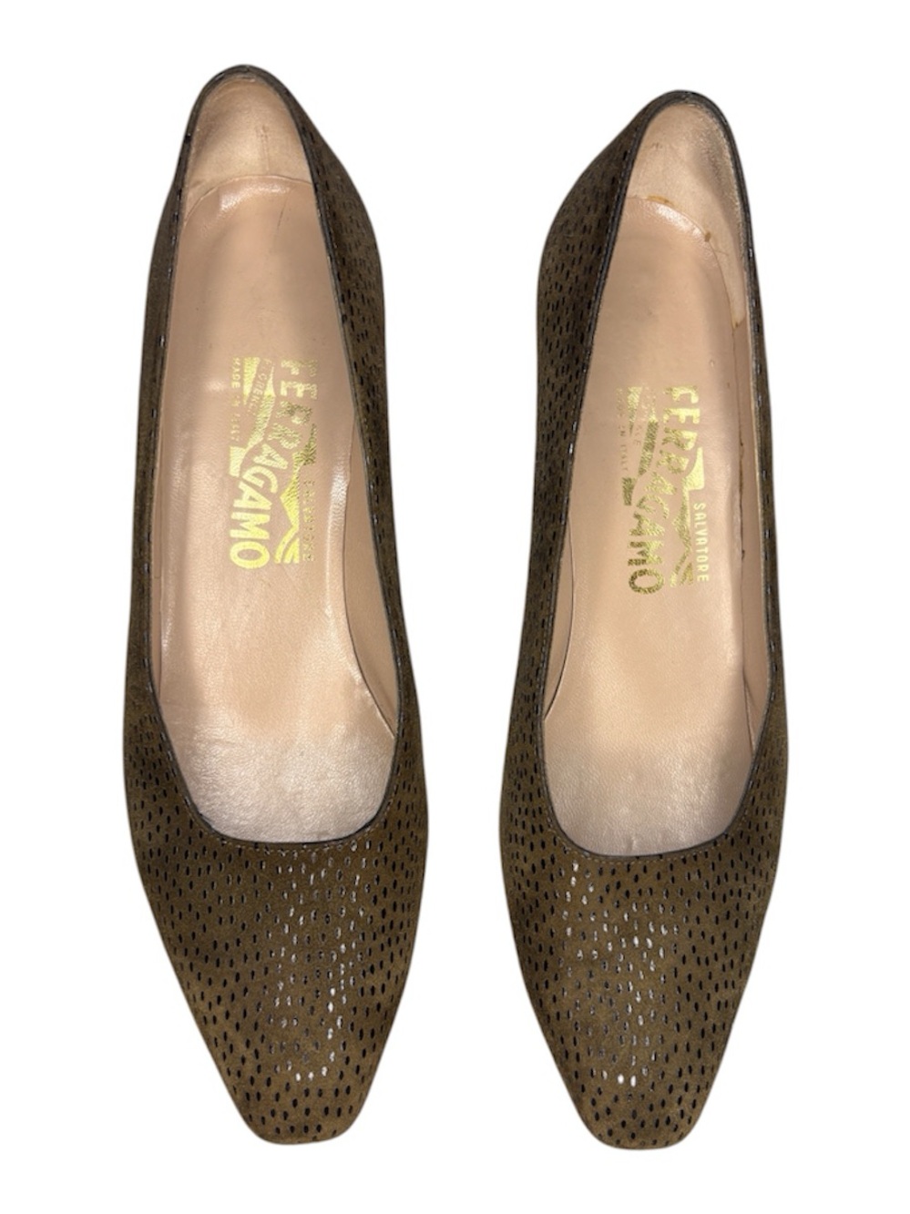 Vintage Salvatore Ferragamo Perforated Suede Pumps Olive Taupe